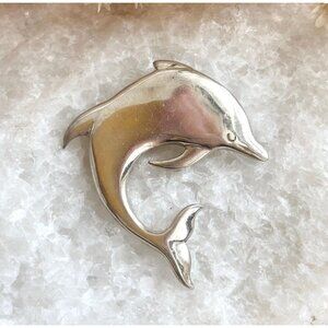 Dolphin Figural Morning Sun Signed Polished Sterling Silver Vintage Brooch